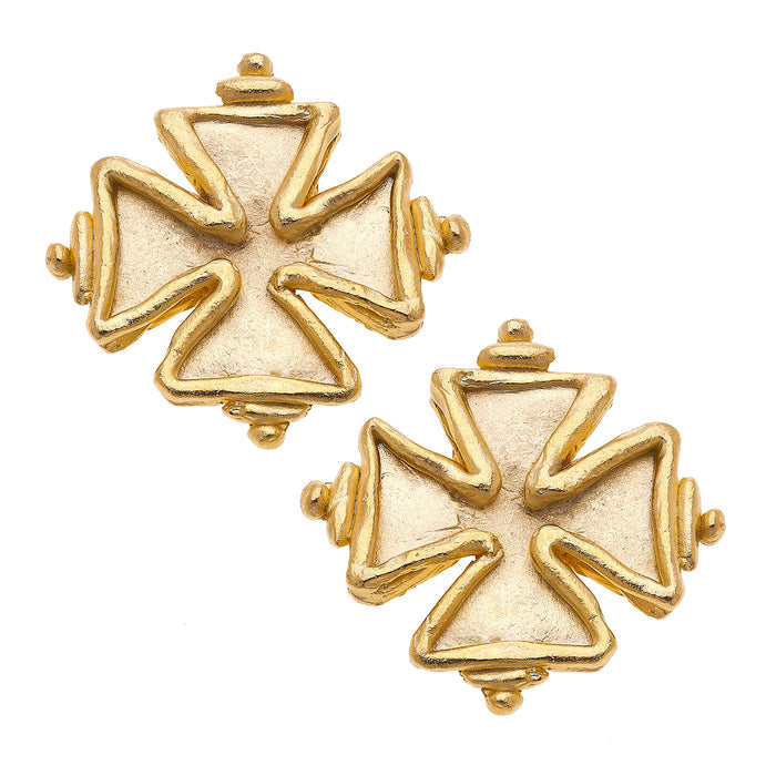 Susan Shaw Maltese Cross Gold Stud Earrings