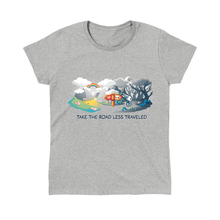 Classic Cotton T-shirt_TeeTurtle The Road Less Traveled heather gray t-shirt featuring an illustration of a rabbit at a crossroads, one path leading to a vibrant, colorful landscape under a rainbow, and the other to a dark forest; text below reads "TAKE THE ROAD LESS TRAVELED."