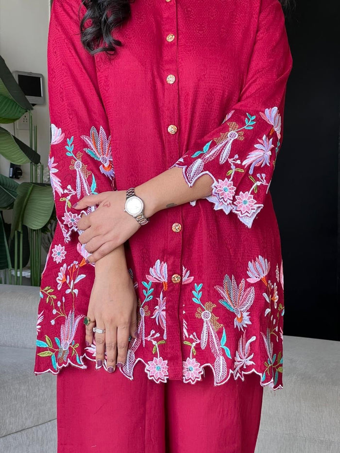 Vaari Cutwork Coord Set- Maroon