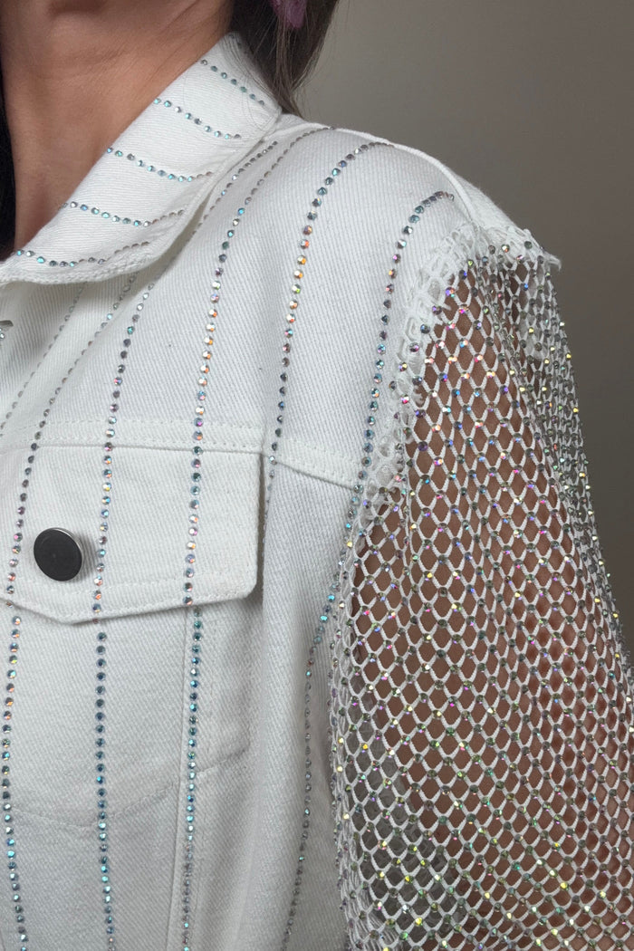 Style the White Denim Crystal Mesh Sleeve Jacket exclusively at Born To Glam