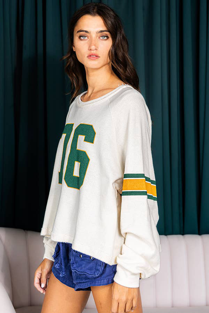 White Number 76 Printed Retro Sporty Long Sleeve Top - Tops/Long Tops