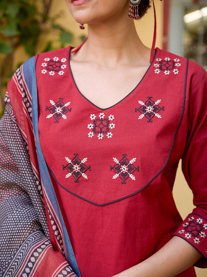 Women's Cotton Embroidered Kurta Set with Dupatta