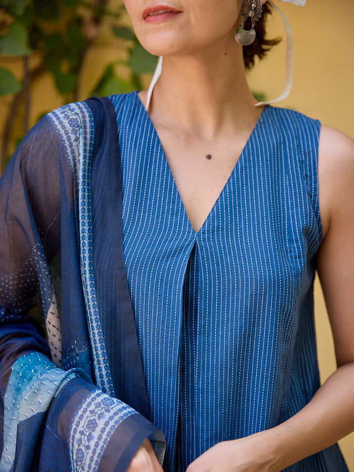 Women's Kantha A line Kurta Set with Dupatta