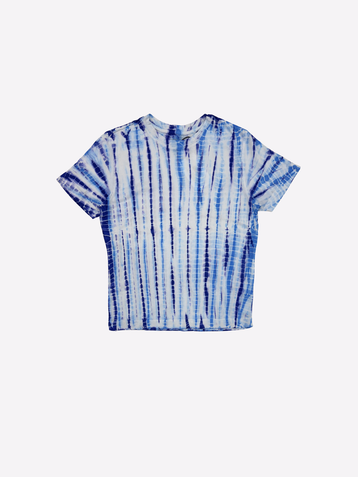 Blue and white tie-dye t-shirt on a white background