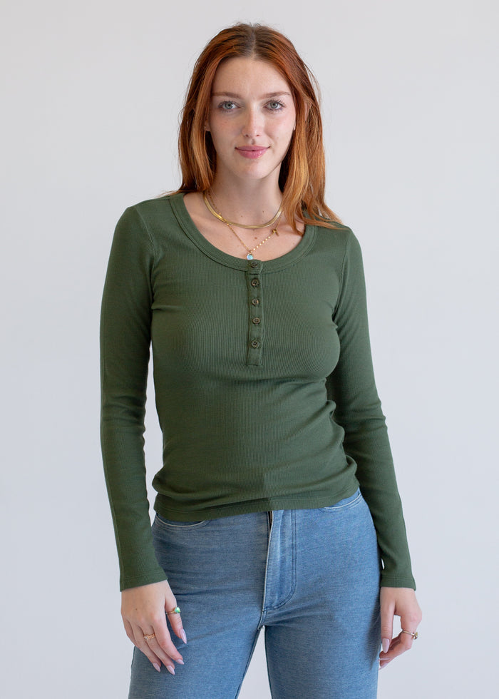 Back view of 2x1 Long Sleeve Henley on model