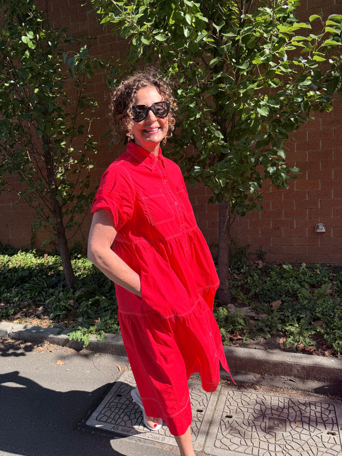 Hazel Poplin Midi Dress In Scarlet