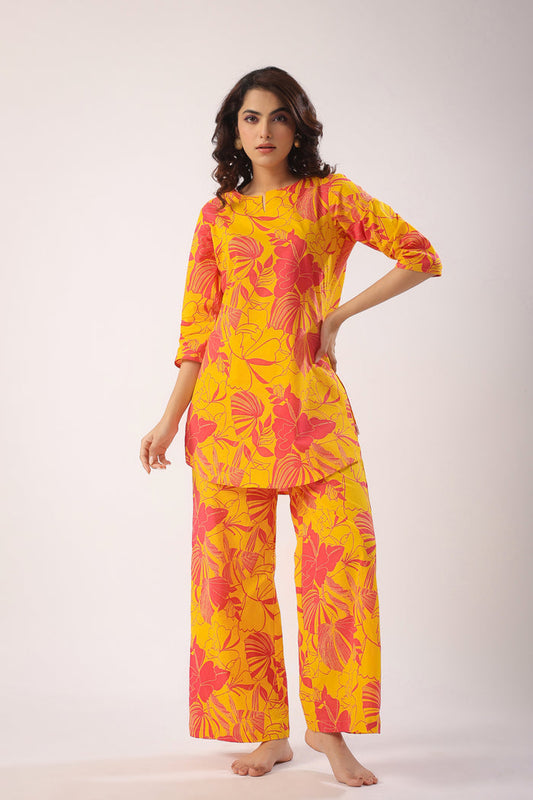 Abstract Art On Mustard Cotton Palazzo Loungewear Set