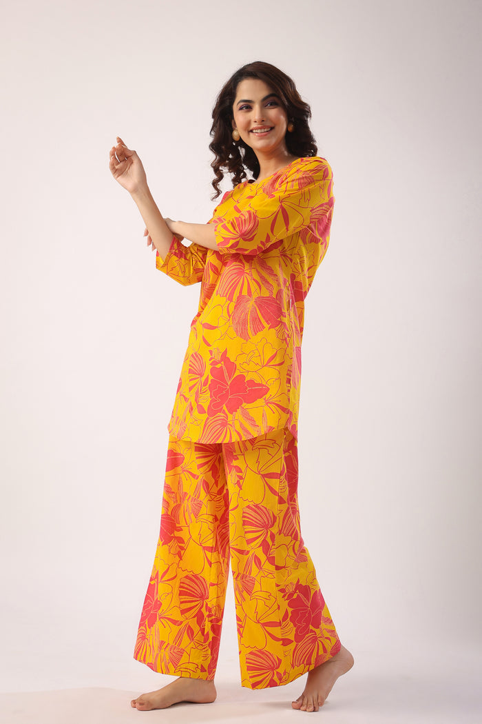 Abstract Art On Mustard Cotton Palazzo Loungewear Set
