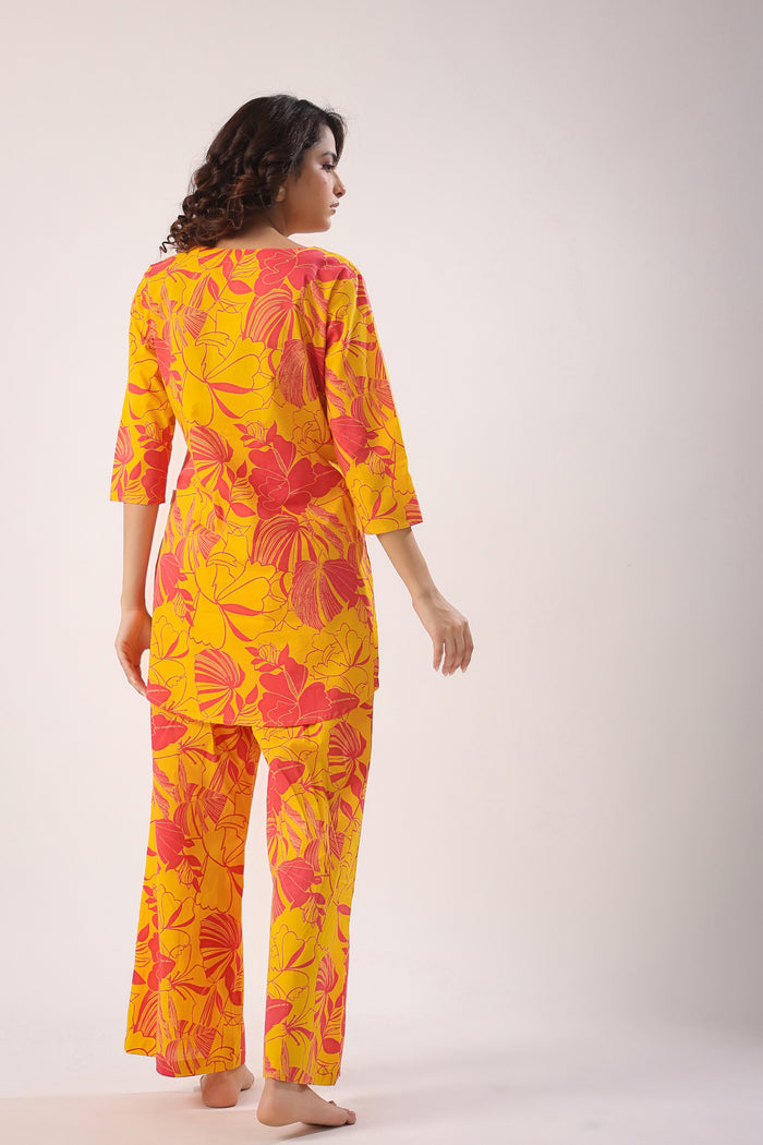 Abstract Art On Mustard Cotton Palazzo Loungewear Set