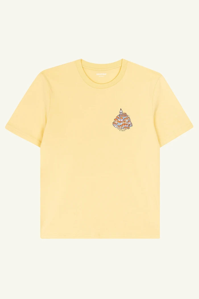 Contrast Alfama Hill graphic t-shirt in viva yellow, organic cotton tee inspired by Lisbon uphill streets