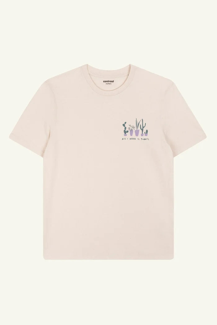 Contrast All I Need Is Plants graphic t-shirt in Natural Raw, organic cotton designer graphic tee for plant lovers.