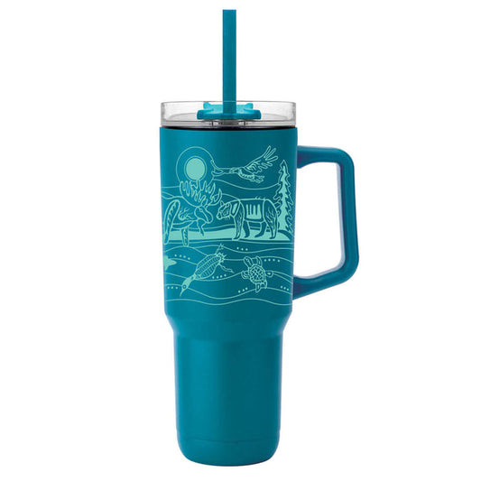All My Relatives Insulated Tumbler with Indigenous art design in vibrant teal color, featuring a straw.