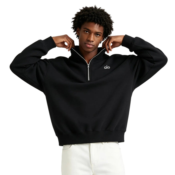 ALO YOGA ACCOLADE 1 4 ZIP BLACK SWEATSHIRT - AFewVibe
