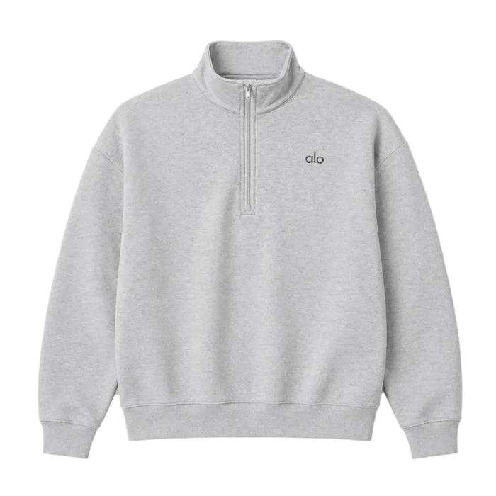 Alo Yoga Accolade Quarter Zip Sweater Grey White product view with raised collar and partial zip