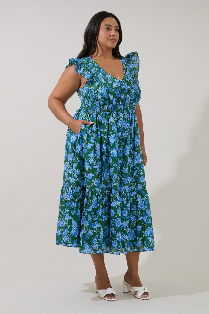 Angie Smocked Tiered Midi Dress Cornflower Curve