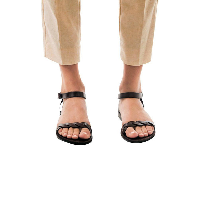 Model wearing Arden brown, handmade leather sandals with back strap