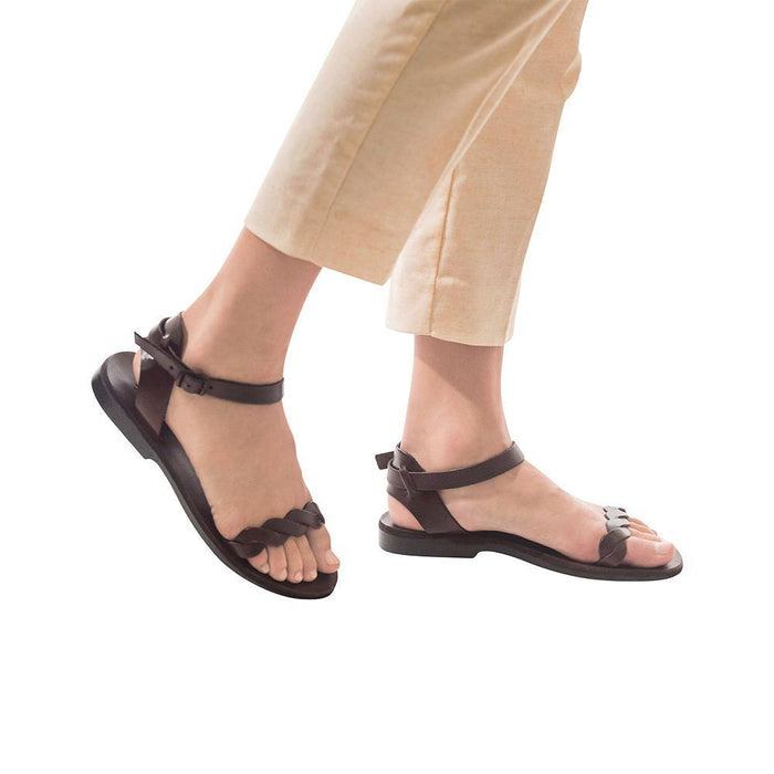 Model wearing Arden brown, handmade leather sandals with back strap
