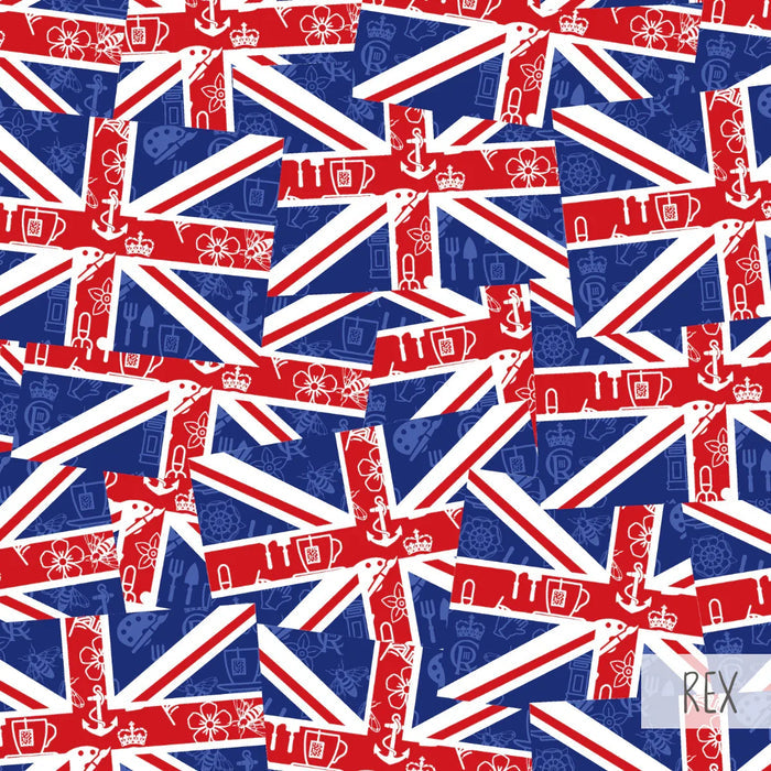 Pattern of overlapping British flags with icons like crown, anchor, flower, and tea cup in red, white, and blue