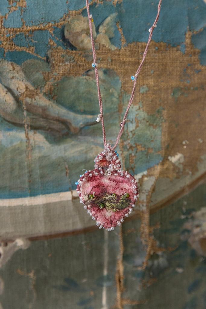 Magnolia Pearl artisan heart necklace with beaded pink fabric, whimsical vintage style