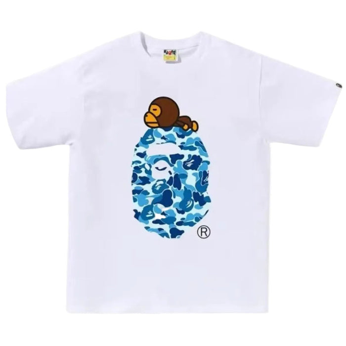 Bape ABC Camo Milo On Big Ape Tee FW25 White Blue - AFewVibe