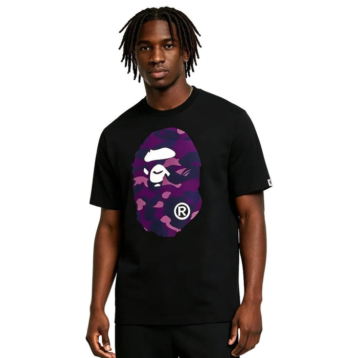 BAPE Color Camo Big Ape Head Tee Black Purple worn by model with camo Ape Head graphic