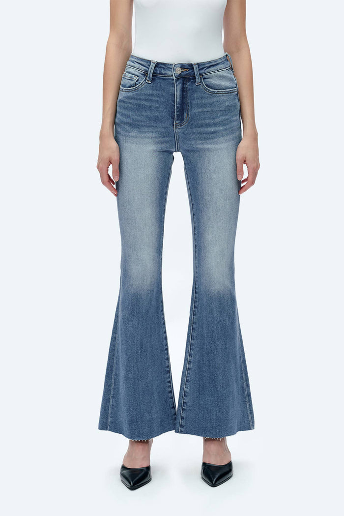 Style the Bayeas High Rise Flare Jeans with Raw Hem exclusively at Born To Glam