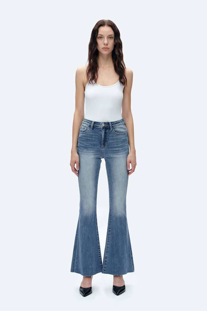 Style the Bayeas High Rise Flare Jeans with Raw Hem exclusively at Born To Glam