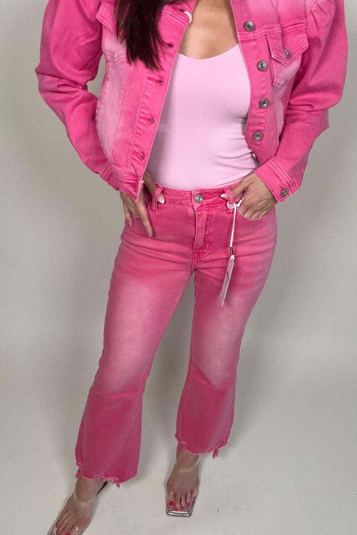 Style the Bayeas Razberry Pink Mid Rise Crop Flare With Frayed Hem exclusively at Born To Glam
