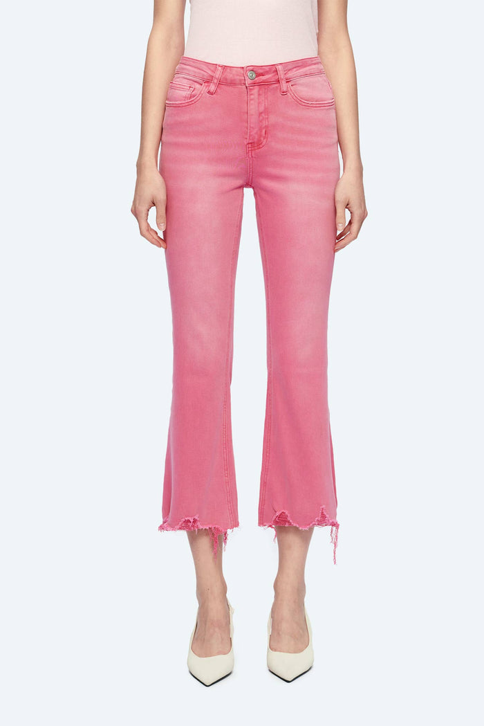 Style the Bayeas Razberry Pink Mid Rise Crop Flare With Frayed Hem exclusively at Born To Glam