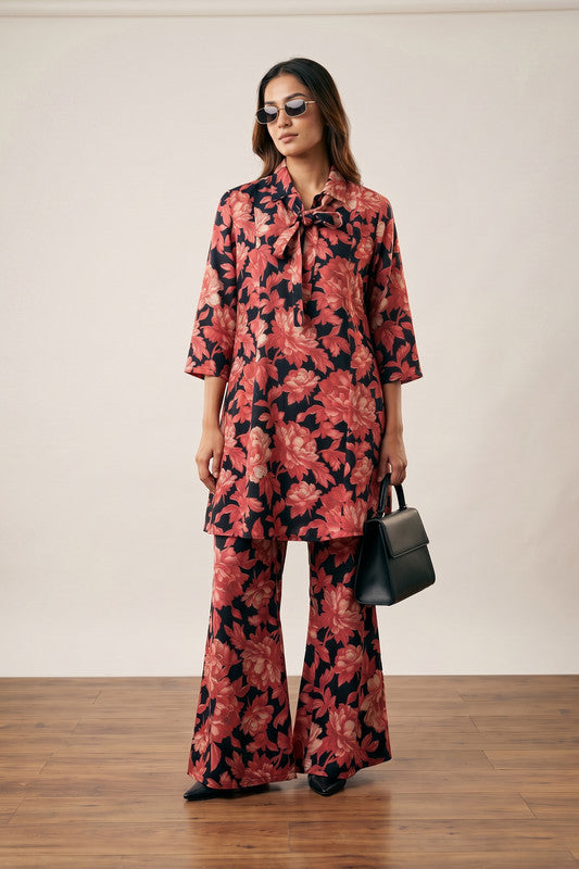 Black & Coral Floral Printed Tie-Neck Tunic with Flared Pants Russian Silk Co-ord Set