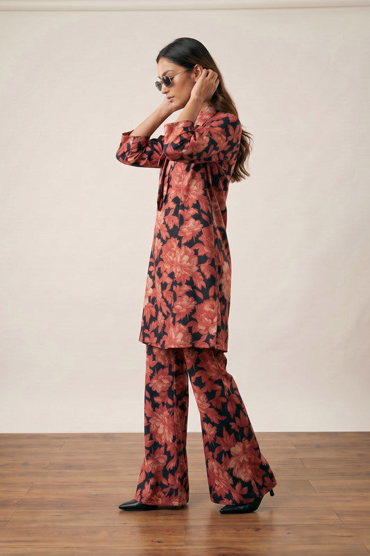 Black & Coral Floral Printed Tie-Neck Tunic with Flared Pants Russian Silk Co-ord Set