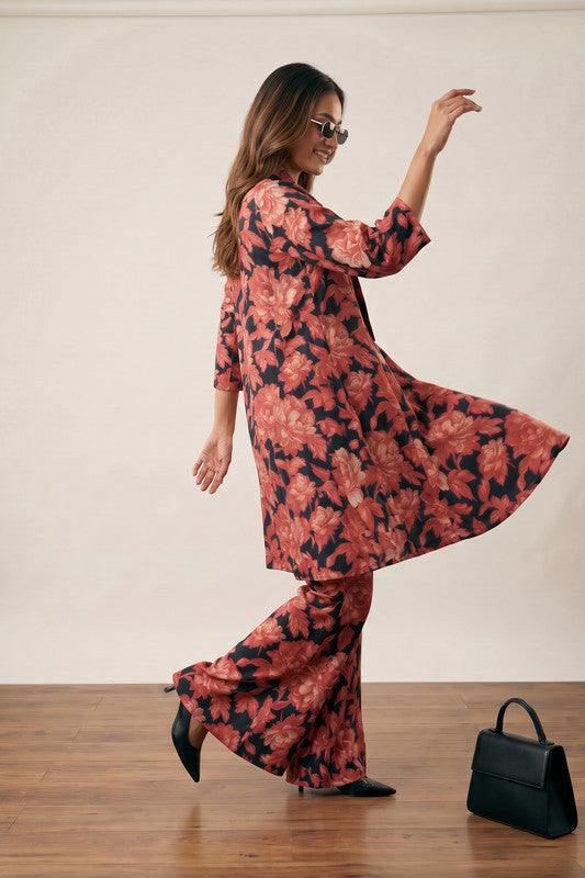 Black & Coral Floral Printed Tie-Neck Tunic with Flared Pants Russian Silk Co-ord Set