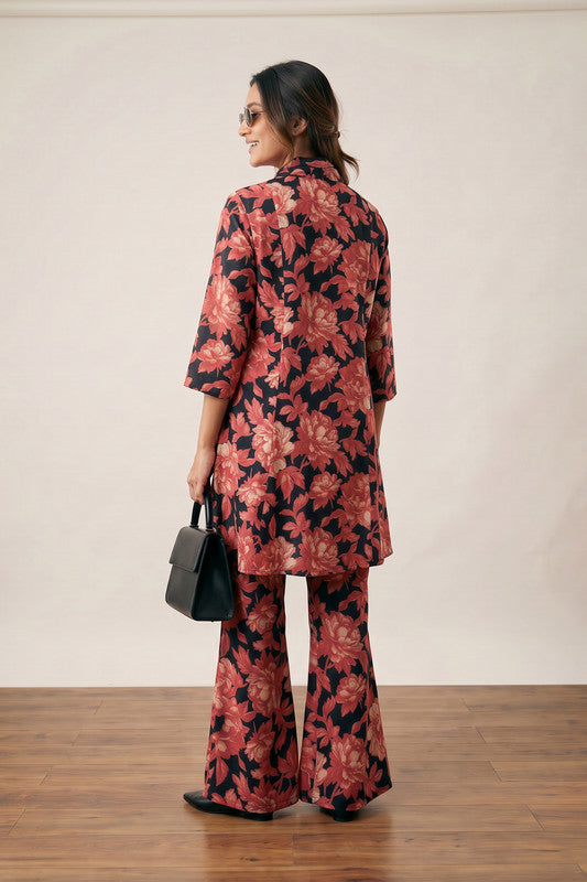 Black & Coral Floral Printed Tie-Neck Tunic with Flared Pants Russian Silk Co-ord Set