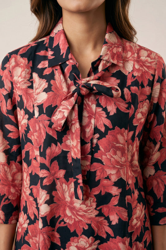 Black & Coral Floral Printed Tie-Neck Tunic with Flared Pants Russian Silk Co-ord Set