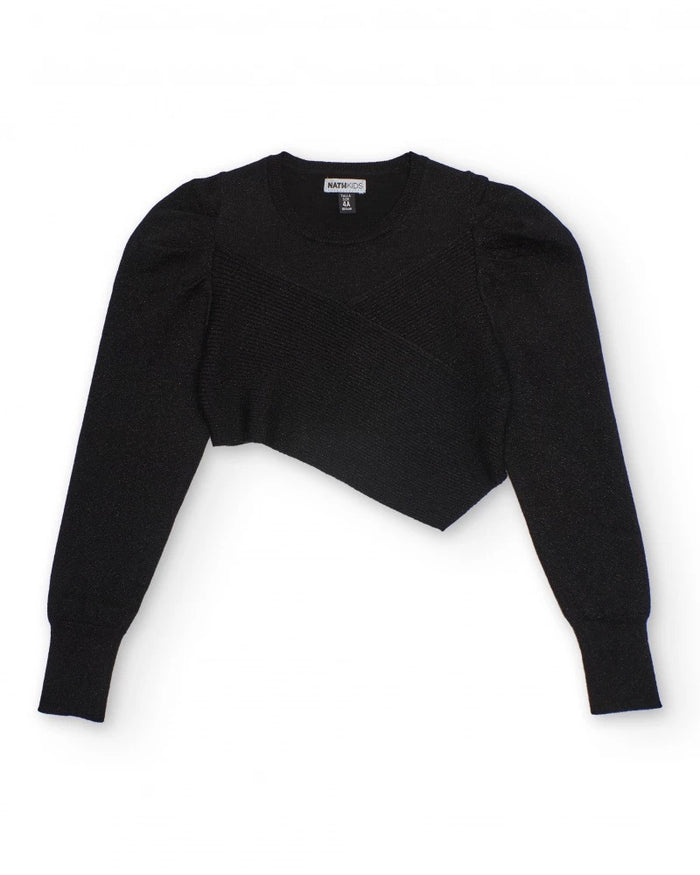 Black cropped knit sweater with asymmetrical design for girls