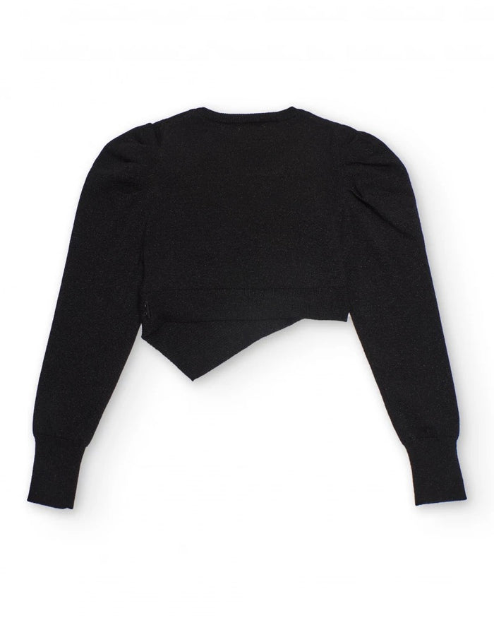 Black cropped knit sweater with asymmetrical design for girls