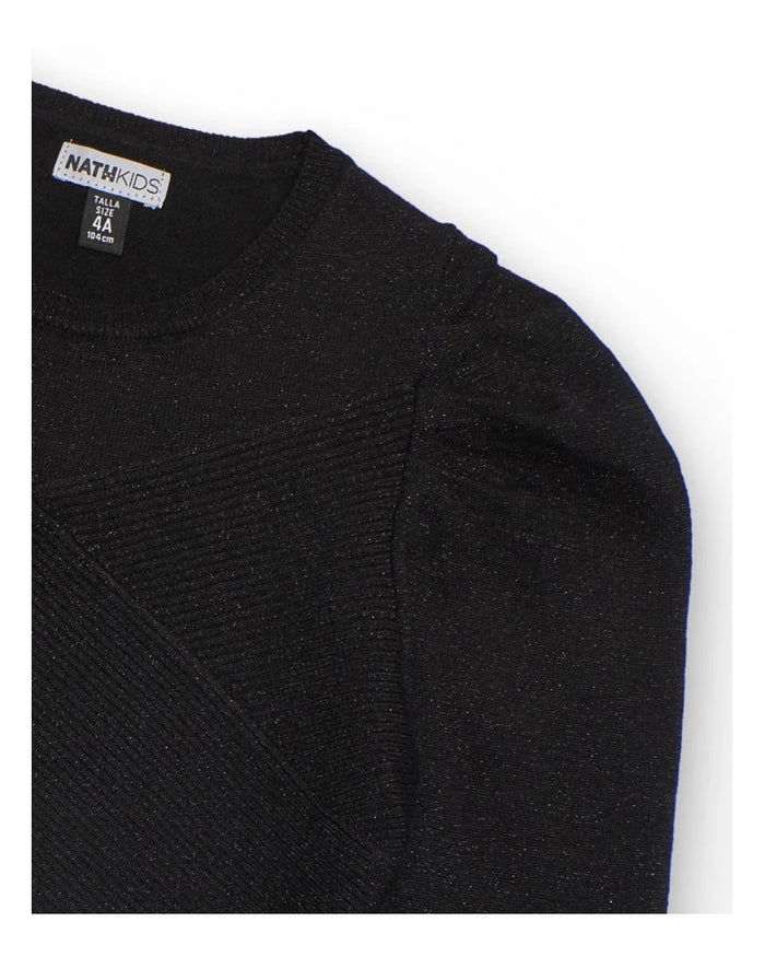 Black cropped knit sweater with asymmetrical design for girls