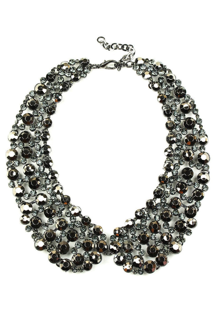 Black Diana Pearl Statement Necklace with clustered pearls, crystal embellishment, and a dark silver-tone collar silhouette.