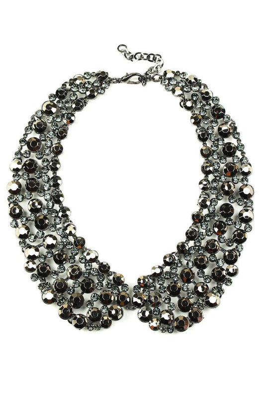 Black Diana Pearl Statement Necklace with clustered pearls, crystal embellishment, and a dark silver-tone collar silhouette.