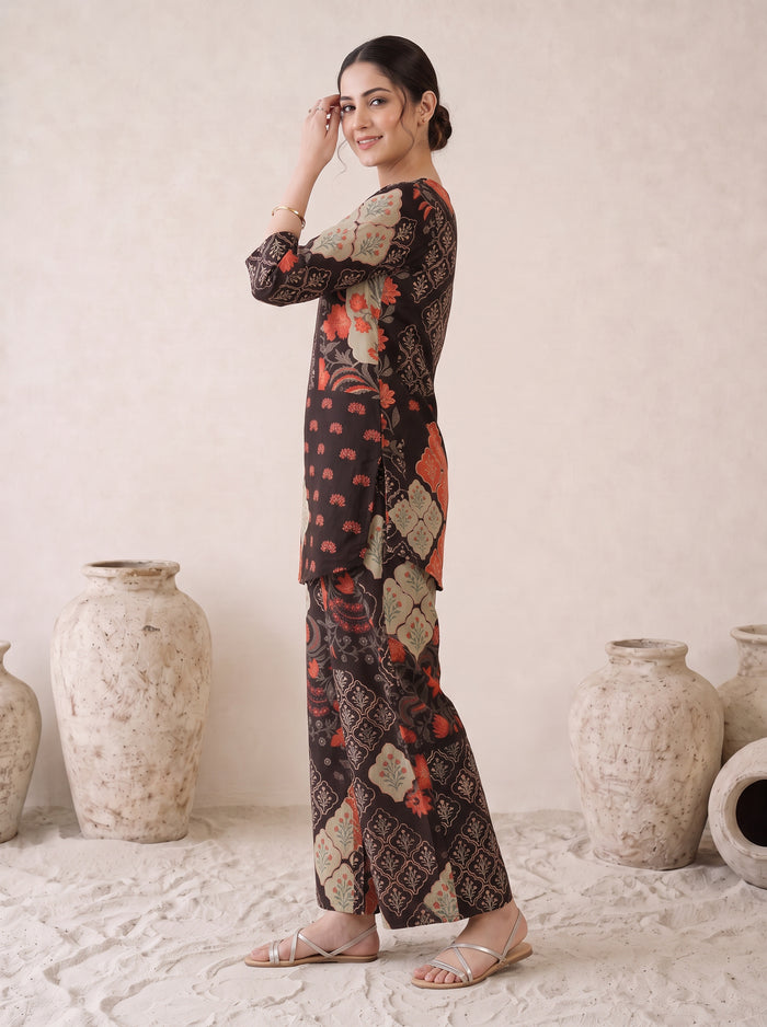 Black Ethnic Traditional Print Top and Pant Cotton Co-ord Set
