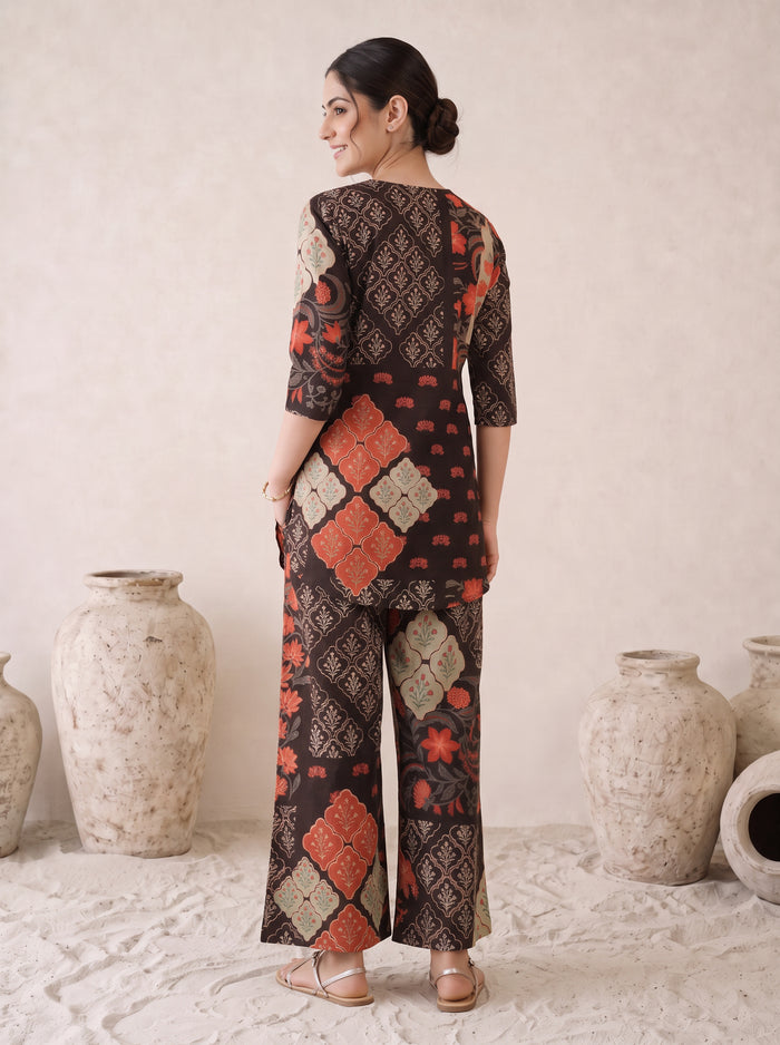 Black Ethnic Traditional Print Top and Pant Cotton Co-ord Set