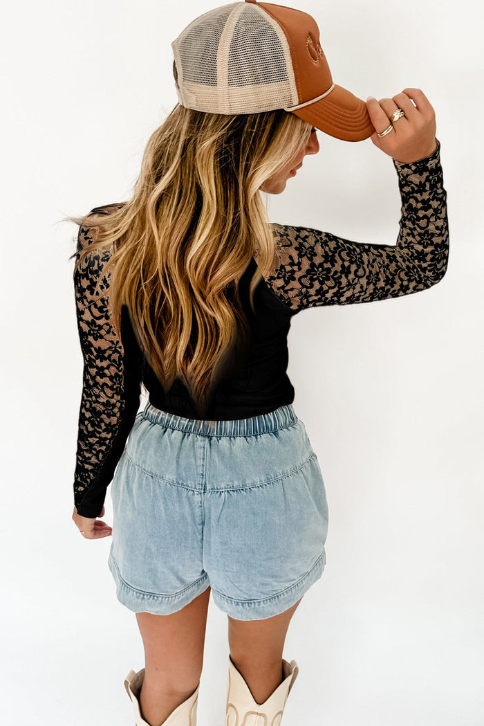 Black Floral Lace Patchwork Long Sleeve High Neck Slim Top - Tops/Long Tops