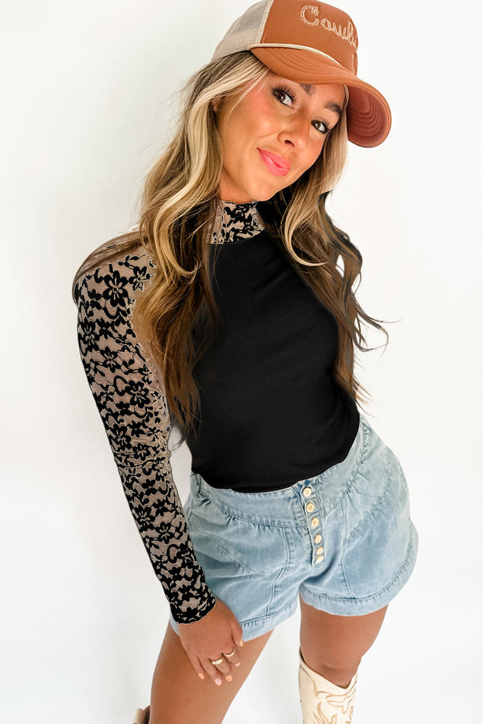 Black Floral Lace Patchwork Long Sleeve High Neck Slim Top - Tops/Long Tops
