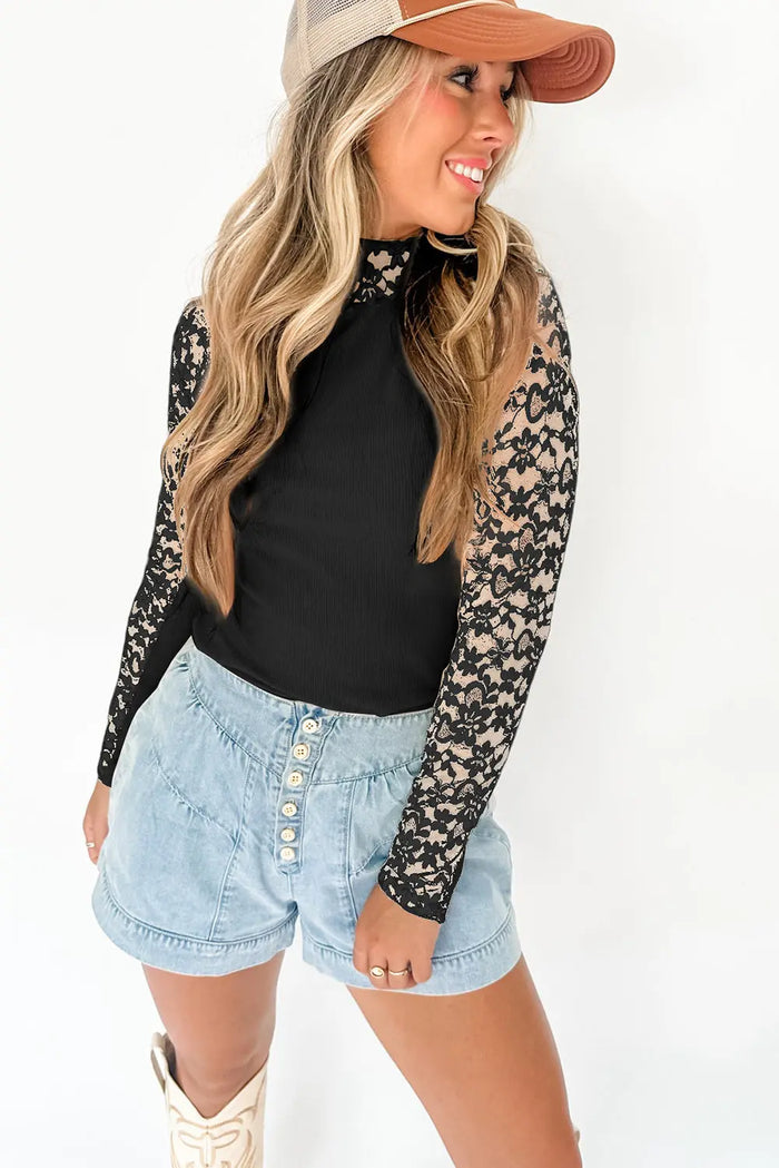 Black Floral Lace Patchwork Long Sleeve High Neck Slim Top - Tops/Long Tops