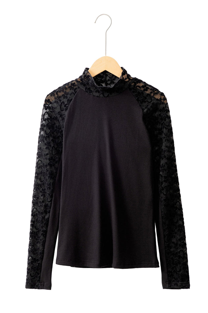 Black Floral Lace Patchwork Long Sleeve High Neck Slim Top - Tops/Long Tops