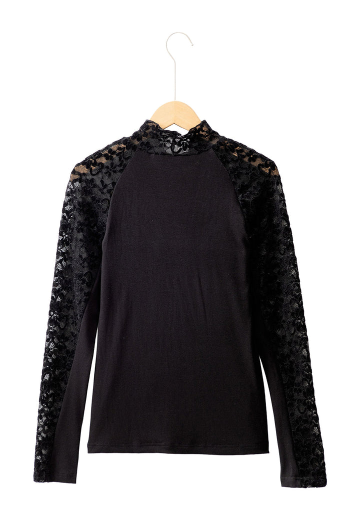 Black Floral Lace Patchwork Long Sleeve High Neck Slim Top - Tops/Long Tops