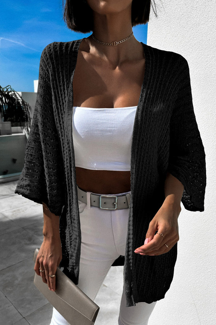 Black Hollow-out Bracelet Sleeve Knit Cardigan - Sweaters & Cardigans/Cardigans