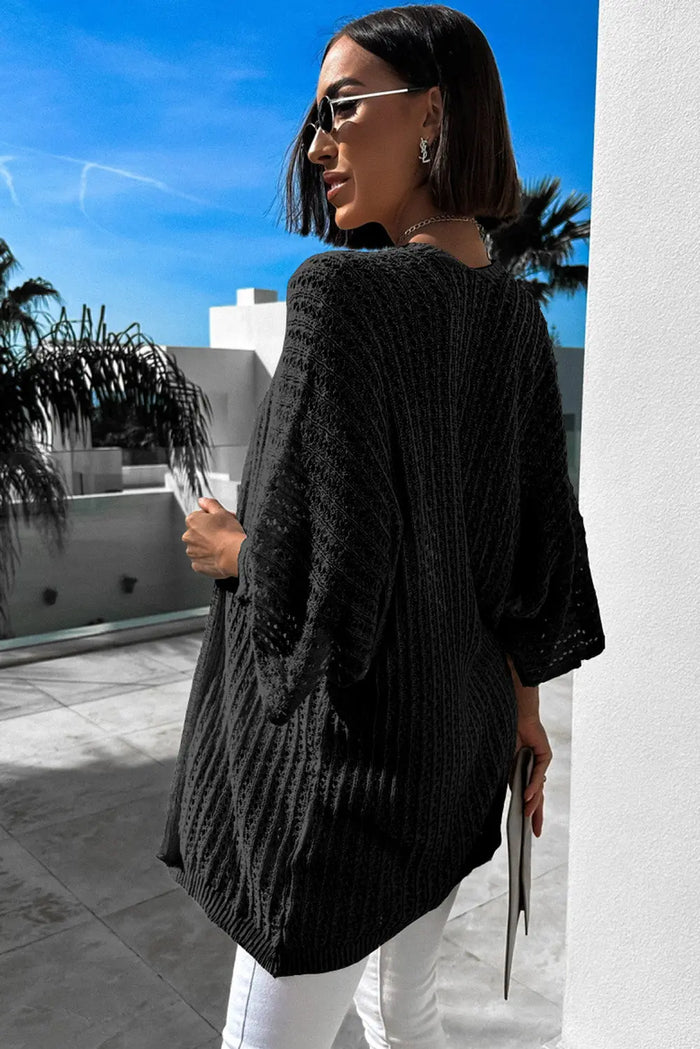 Black Hollow-out Bracelet Sleeve Knit Cardigan - Sweaters & Cardigans/Cardigans
