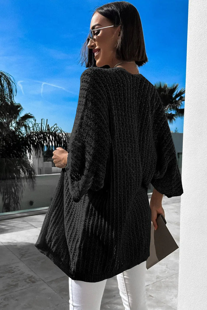 Black Hollow-out Bracelet Sleeve Knit Cardigan - Sweaters & Cardigans/Cardigans