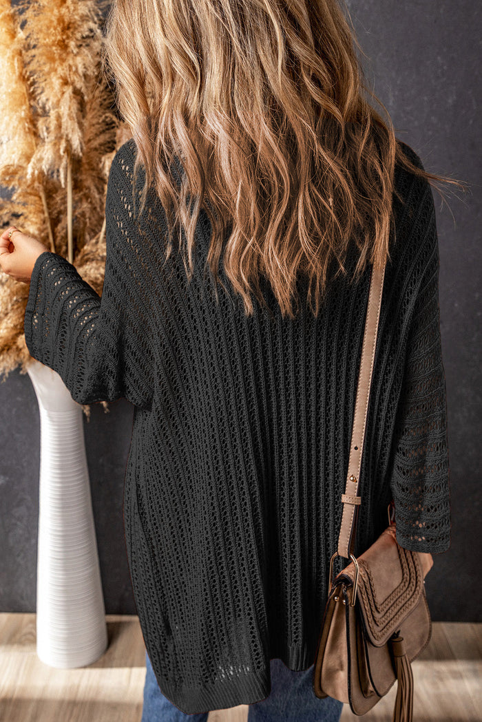 Black Hollow-out Bracelet Sleeve Knit Cardigan - Sweaters & Cardigans/Cardigans